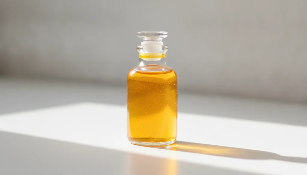 A small clear glass bottle containing a golden-yellow liquid representing the DIY baby oil and turmeric serum on a clean