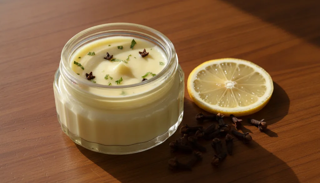 A small elegant glass jar filled with the prepared Vaseline Clove and Lemon balm looking smooth and creamy placed on a w