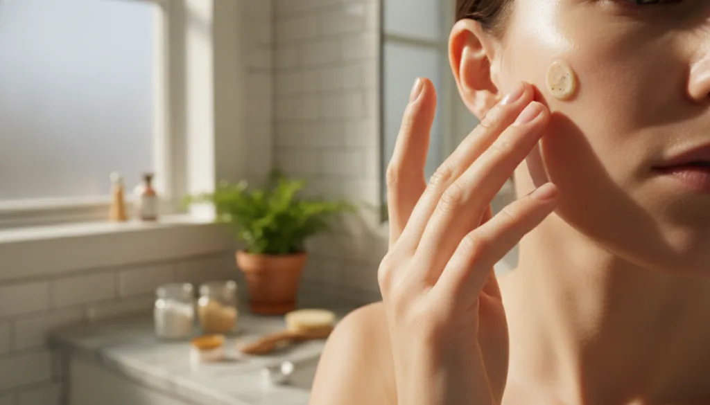 A person s hand gently applying a small amount of the Vaseline Clove and Lemon balm to their cheek demonstrating a caref