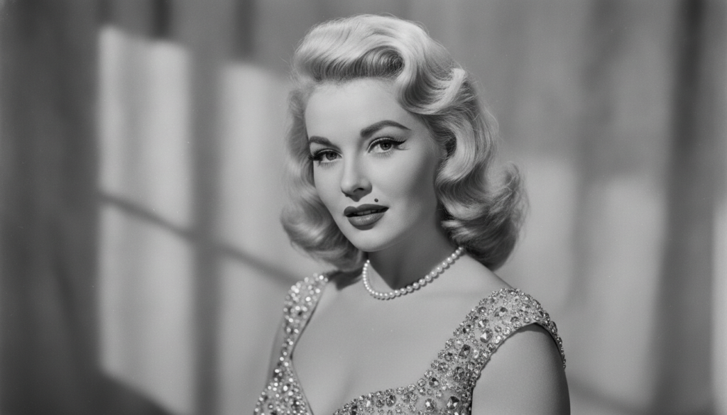 A black and white portrait of Jayne Mansfield with a seductive expression blonde hair and a beauty mark in the style of 