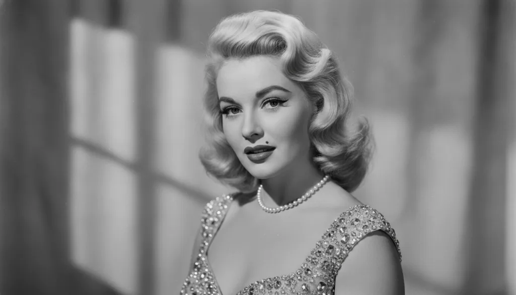 A black and white portrait of Jayne Mansfield with a seductive expression blonde hair and a beauty mark in the style of 