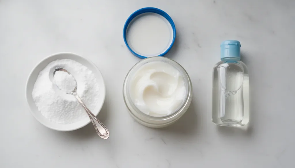 Close-up of the three ingredients a small jar of Vaseline a bottle of baby oil and a small container of baking soda neat