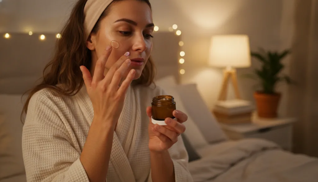 A woman gently applying a homemade gel to her clean serene face at night with a soft warm glow from a bedside lamp