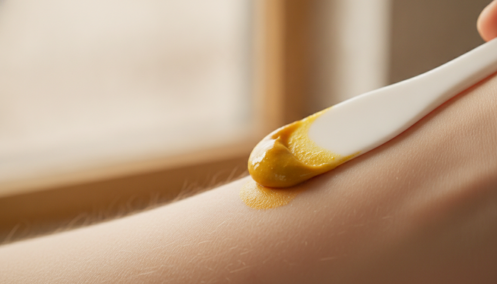 Close-up of a hand applying a small amount of yellow turmeric paste to the inner forearm for a patch test against a blur