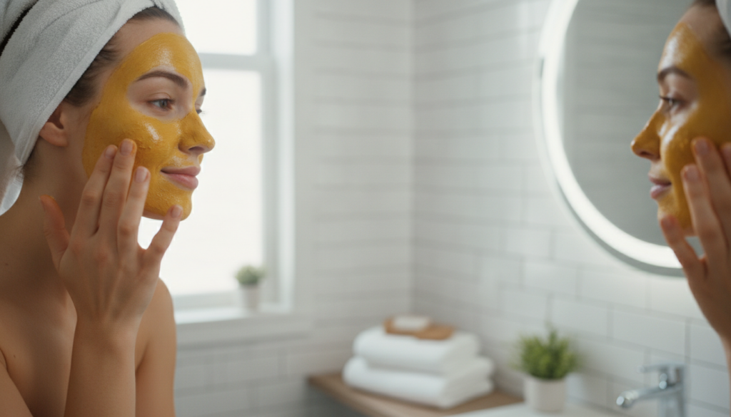 A woman gently applying a golden-yellow turmeric and baby oil mixture to her cheek with her fingertips in a brightly lit