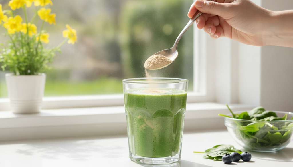 A woman s hand stirring a spoonful of light brown beauty powder into a vibrant green smoothie in a clear glass with a su