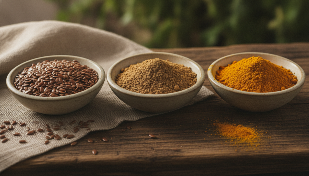 A selection of raw ingredients a small bowl of whole flax seeds a separate small bowl of amla powder and a third small b