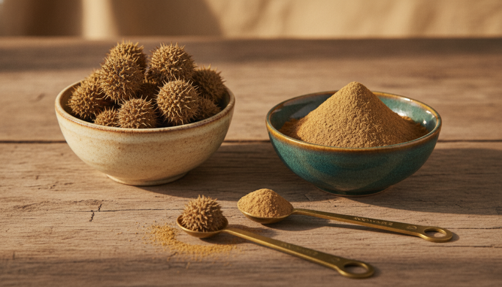 A close-up shot of dried Tribulus Terrestris fruits and a small pile of Tribulus powder in two separate ceramic bowls on