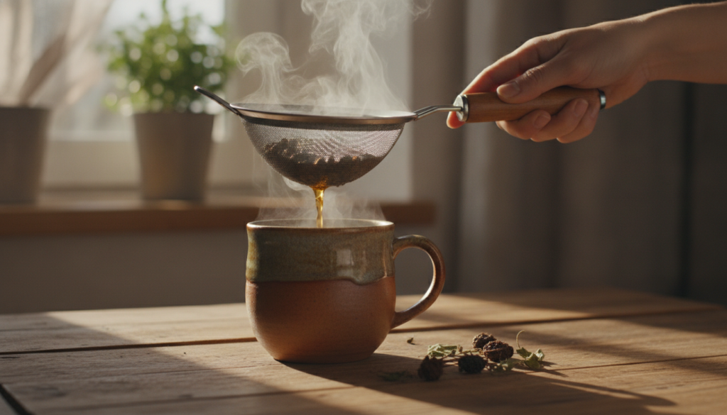 A person s hands gently straining a freshly prepared Tribulus decoction tea into a ceramic mug with steam rising on a ru