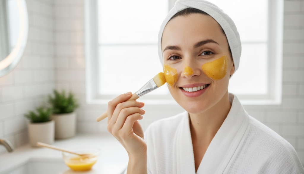 A woman applying the honey and turmeric mask to her face