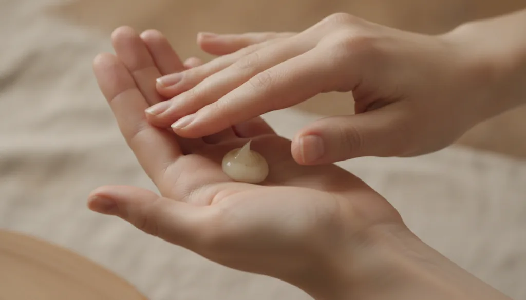 Close-up of hands gently rubbing Vaseline Cocoa Butter between palms to warm it up