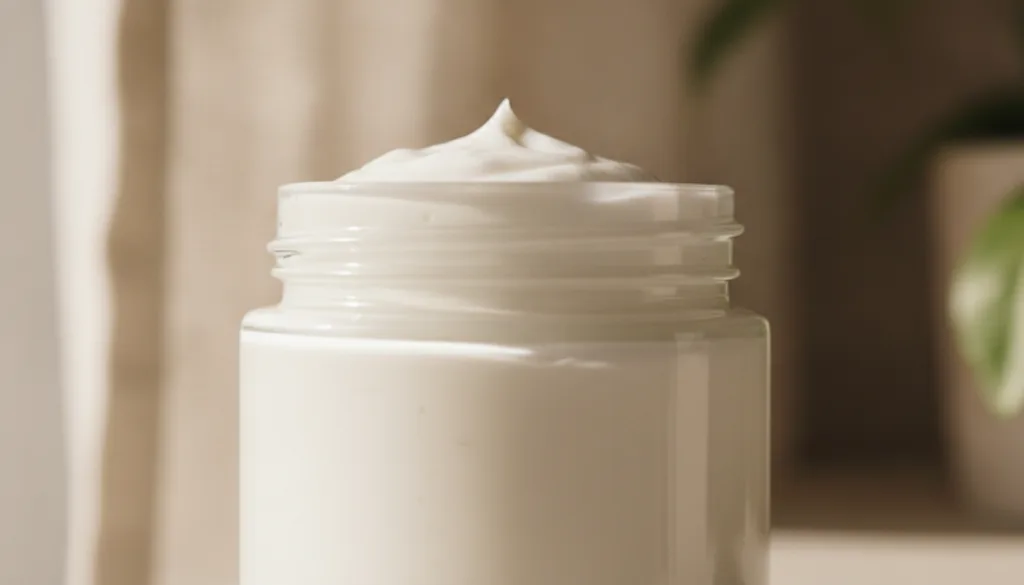 A small glass jar filled with the finished opaque white cream showcasing its luxurious texture