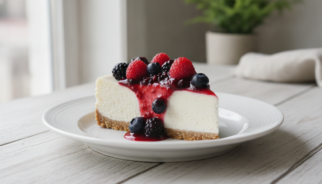 A slice of vegan cheesecake with a berry topping on a white plate