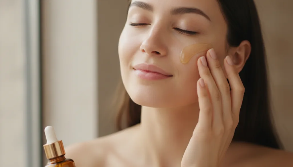 Hands gently massaging the homemade clove and turmeric infused baby oil onto a woman s face highlighting the smooth text