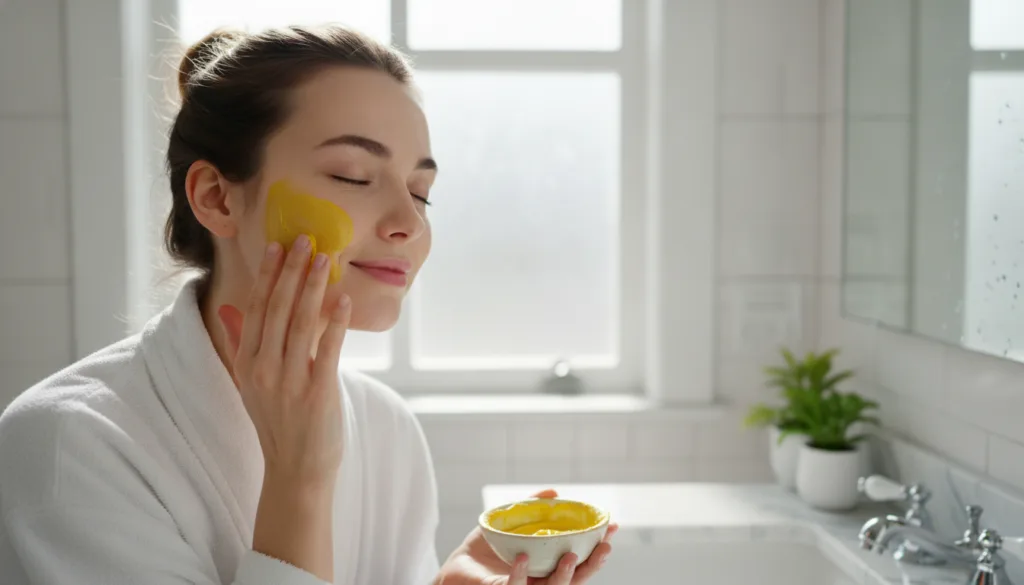 A woman gently applying the yellow paste to her face focusing on her cheek or forehead with a soft natural expression