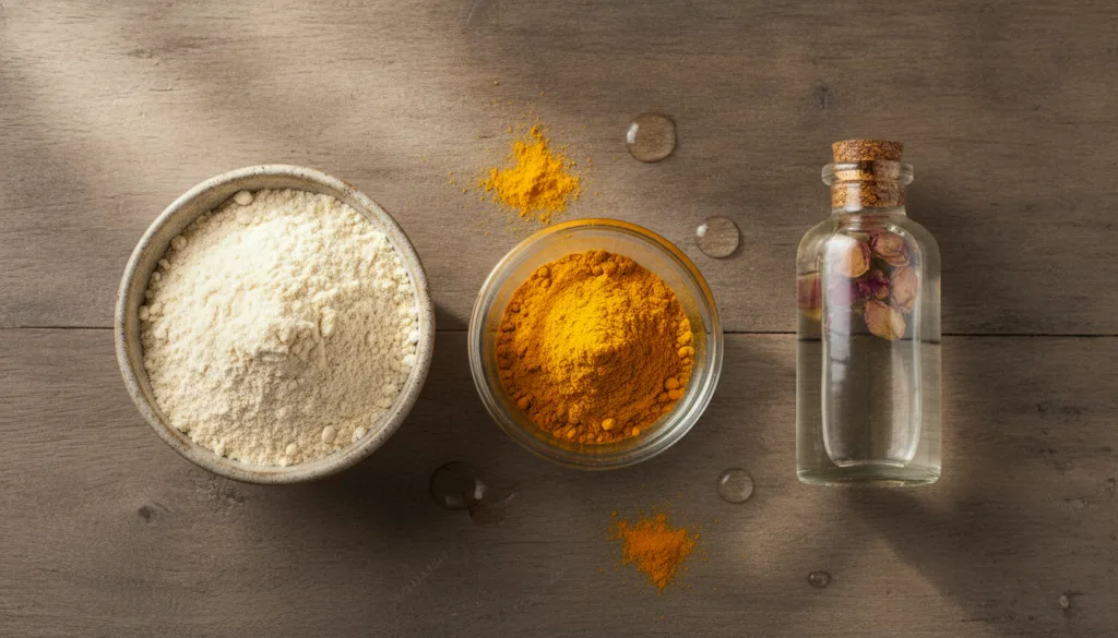 Various ingredients for the skin smoothing paste laid out neatly turmeric powder in a small dish chickpea flour in anoth
