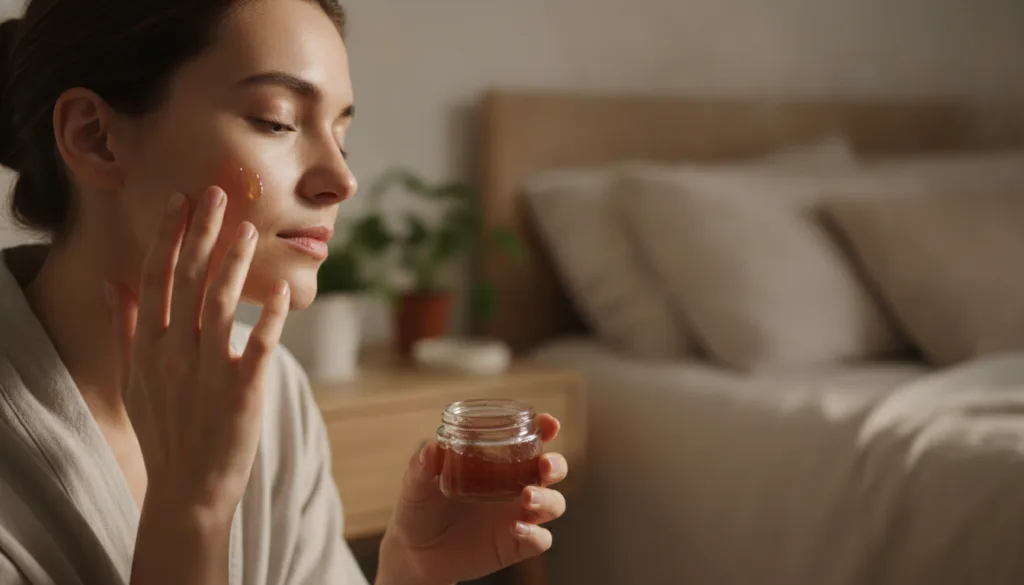 A woman applying a thin layer of clove gel to her face at night with a soft warm glow suggesting a calming evening routi