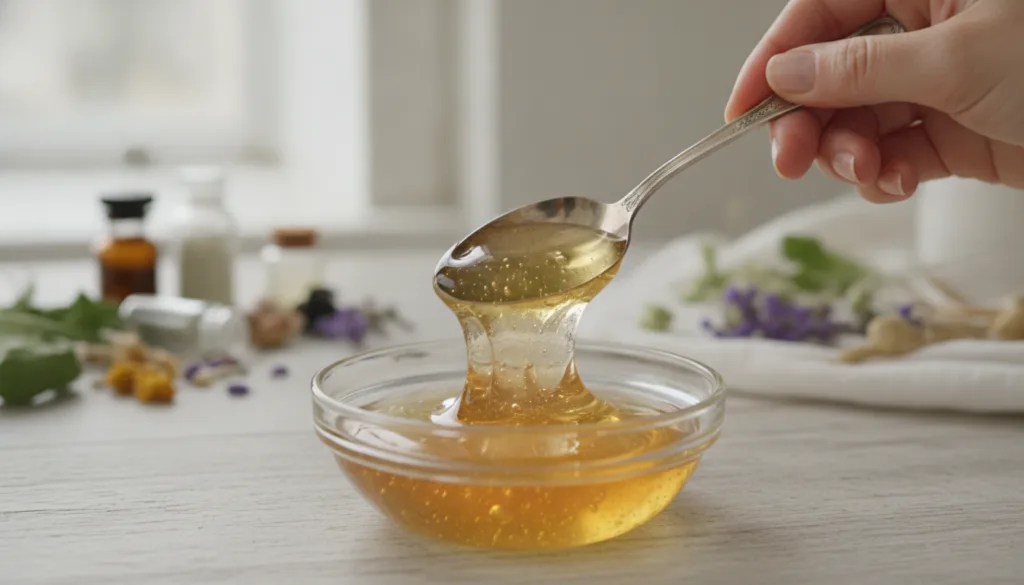 Close-up of a hand gently mixing a clear amber-tinted gel in a small glass bowl with a spoon highlighting the texture an