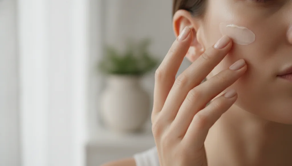 A person s hand gently applying a small amount of the Vaseline and Vitamin E mixture to their cheek showcasing glowing h
