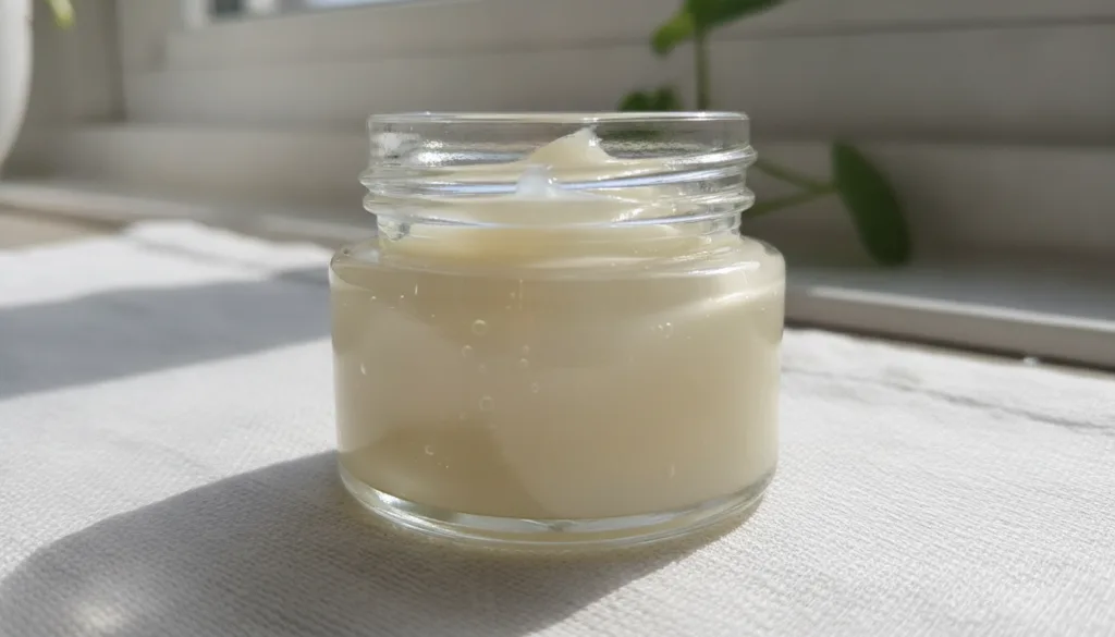 Close-up of a small clean airtight container filled with the freshly mixed Vaseline and Vitamin E cream ready for use
