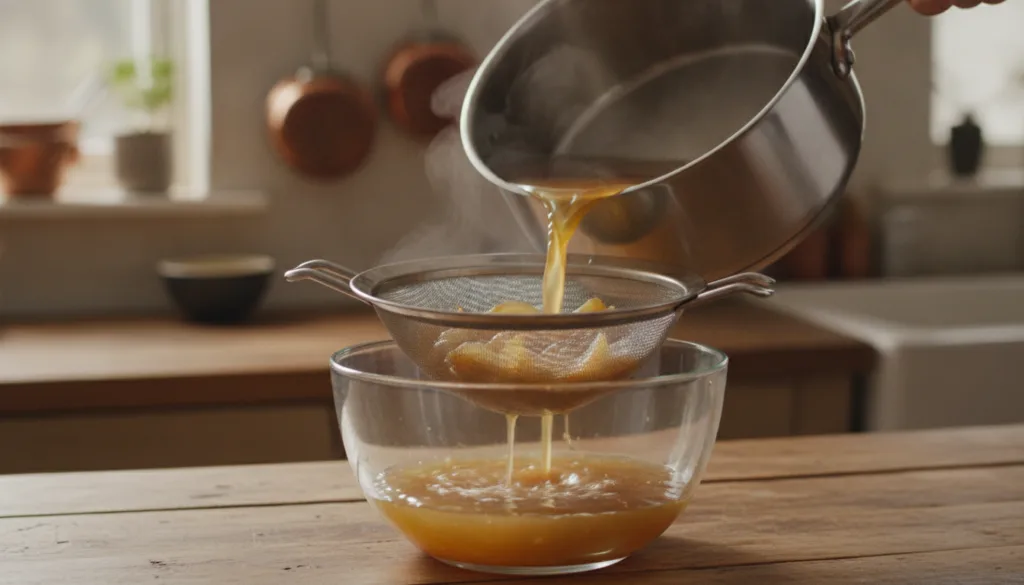 A close-up of amber-colored liquid being strained from a pot into a clear glass bowl with onion pieces visible in the st