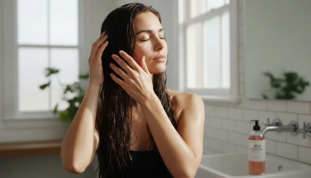 A woman gently massaging her scalp with the red onion hair rinse her hair wet and looking healthy