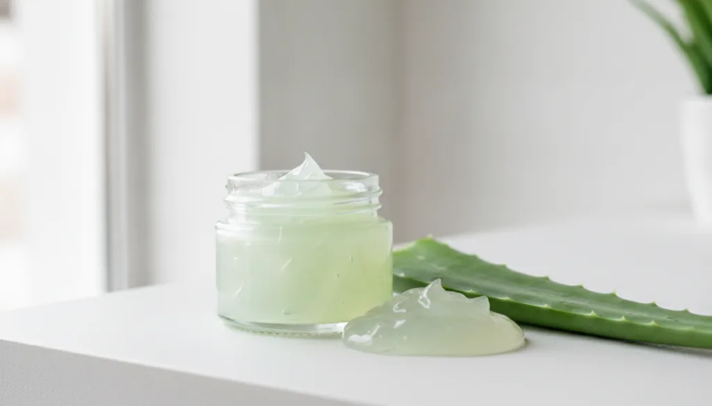 A small container of homemade Vaseline and aloe vera gel with a fresh aloe vera leaf and some gel scooped out next to it