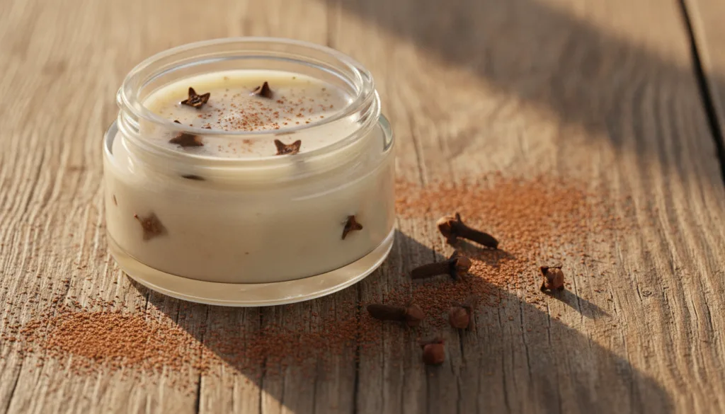 A small jar of homemade Vaseline and clove balm with a few whole cloves and ground clove powder scattered around on a wo
