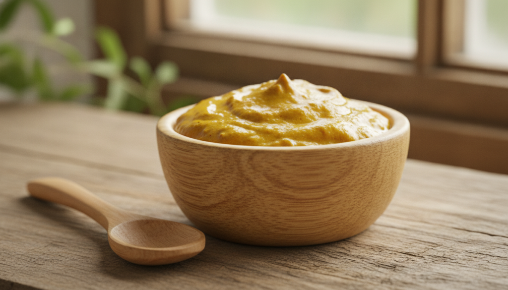 A close-up of a small bowl containing a yellow turmeric paste mixed with a white cream ready to be applied on skin A sma