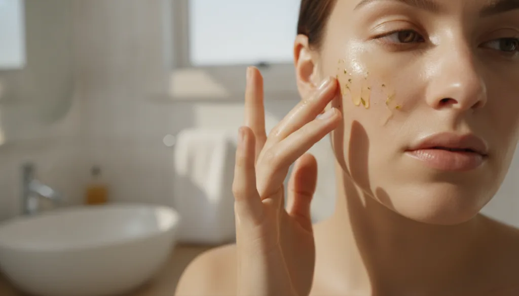 A person gently massaging a few drops of infused oil onto their clean face with a soft glowing complexion in a bright ba
