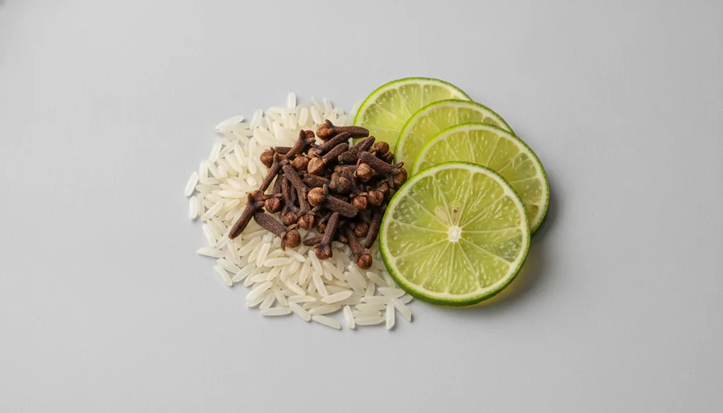 A close-up shot of various natural ingredients like fresh cloves uncooked rice grains and sliced lime artfully arranged 