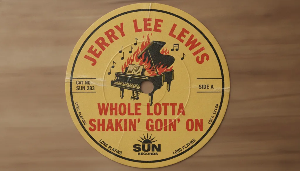 A vintage 45 rpm single record cover for Whole Lotta Shakin Goin On by Jerry Lee Lewis showing classic 1950s record labe