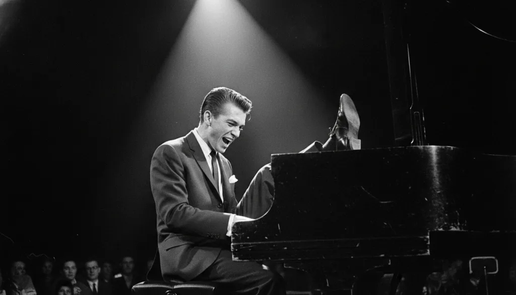 Jerry Lee Lewis intensely playing the piano on stage in the 1950s with a microphone and spotlights