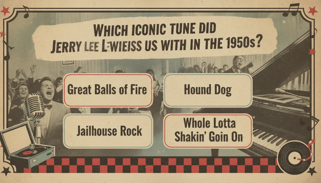 A multiple-choice quiz image asking Which iconic tune did Jerry Lee Lewis bless us with in the 1950s The options are A G