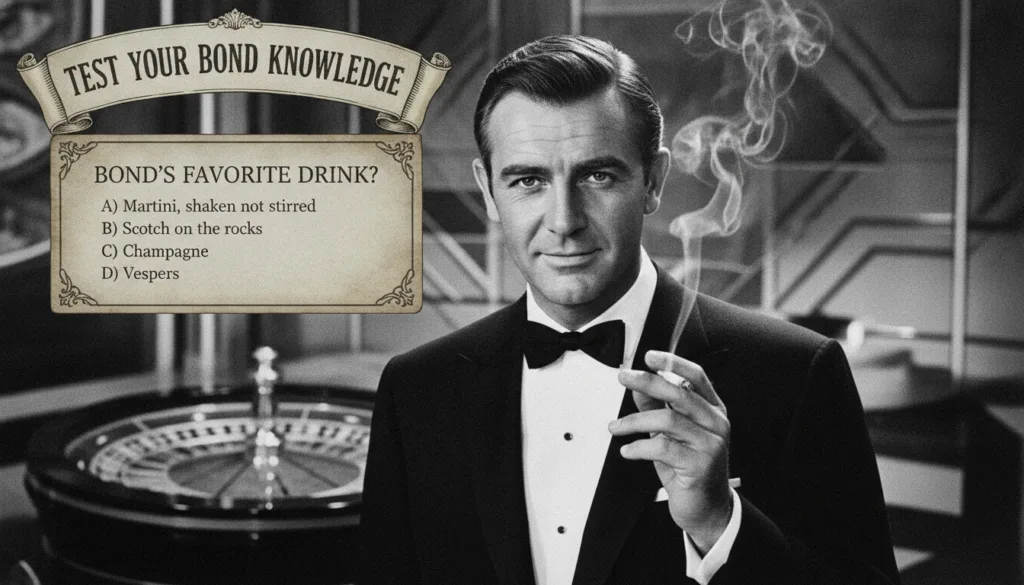 A vintage multiple-choice quiz image featuring a charismatic black and white headshot of Sean Connery as James Bond with