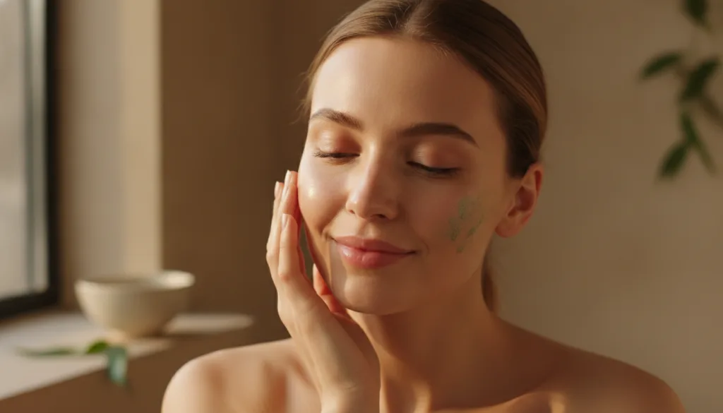 A woman gently touching her cheek showing off radiant glowing skin possibly after using a natural face mask Her skin loo
