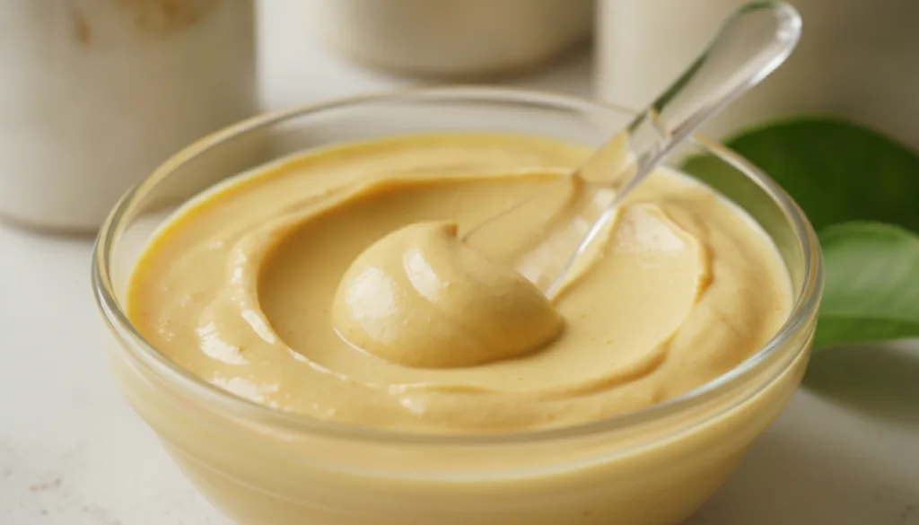 A close-up of a small glass bowl containing the yellow paste made from Vaseline turmeric and lemon A small spatula or sp
