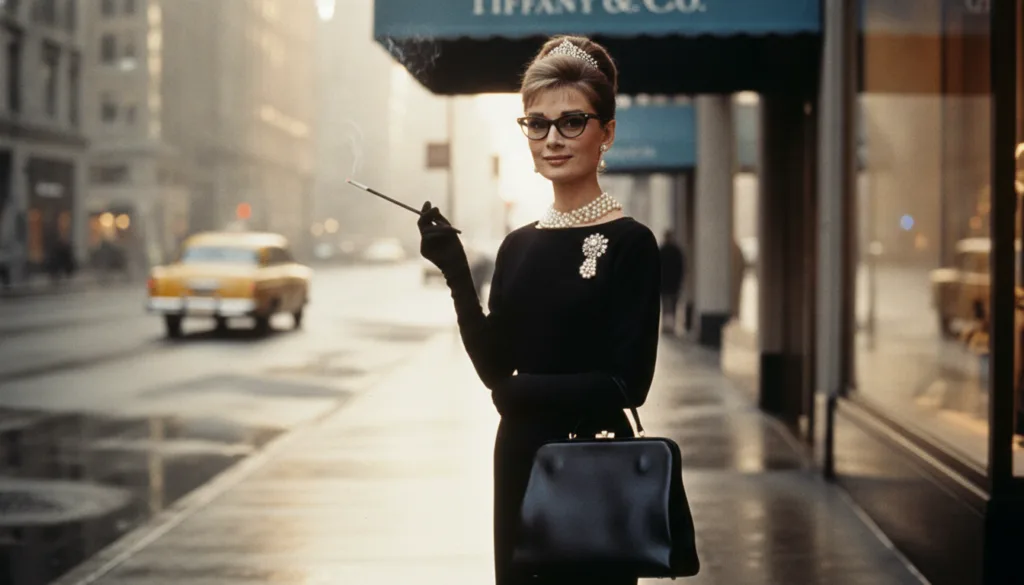 Audrey Hepburn as Holly Golightly in Breakfast at Tiffany s wearing the iconic black dress and pearls