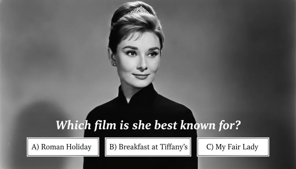 Quiz image showing a black and white portrait of Audrey Hepburn with four multiple-choice options