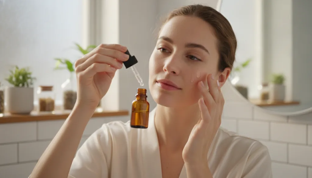 A woman gently applying a few drops of a homemade serum from a dropper bottle to her cheek blending it with her fingerti