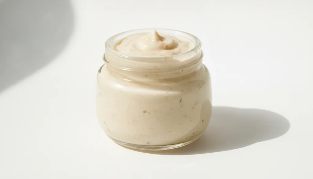 A small glass jar filled with a smooth light beige homemade face cream garnished with a few grains of rice and a small s
