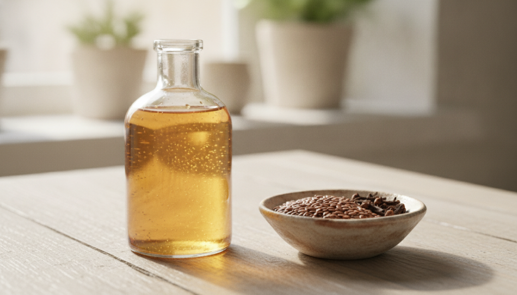 A clear glass bottle filled with a golden homemade toner next to a small bowl of flaxseeds and dried cloves