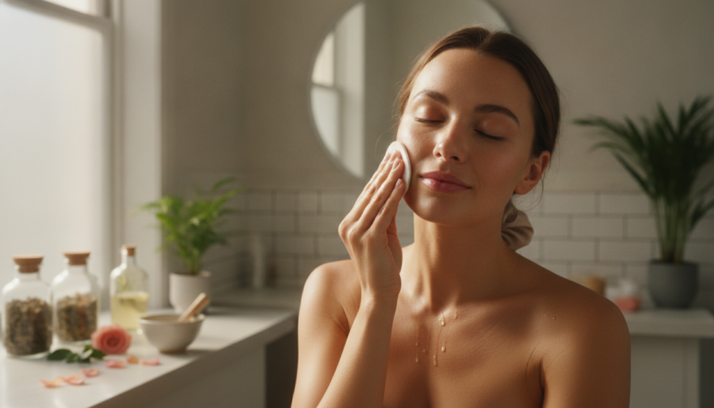 A woman gently patting her face with a cotton pad soaked in the homemade toner