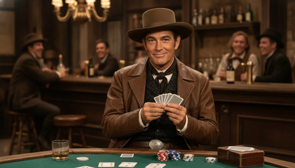 James Garner as Bret Maverick playing cards in a Western setting