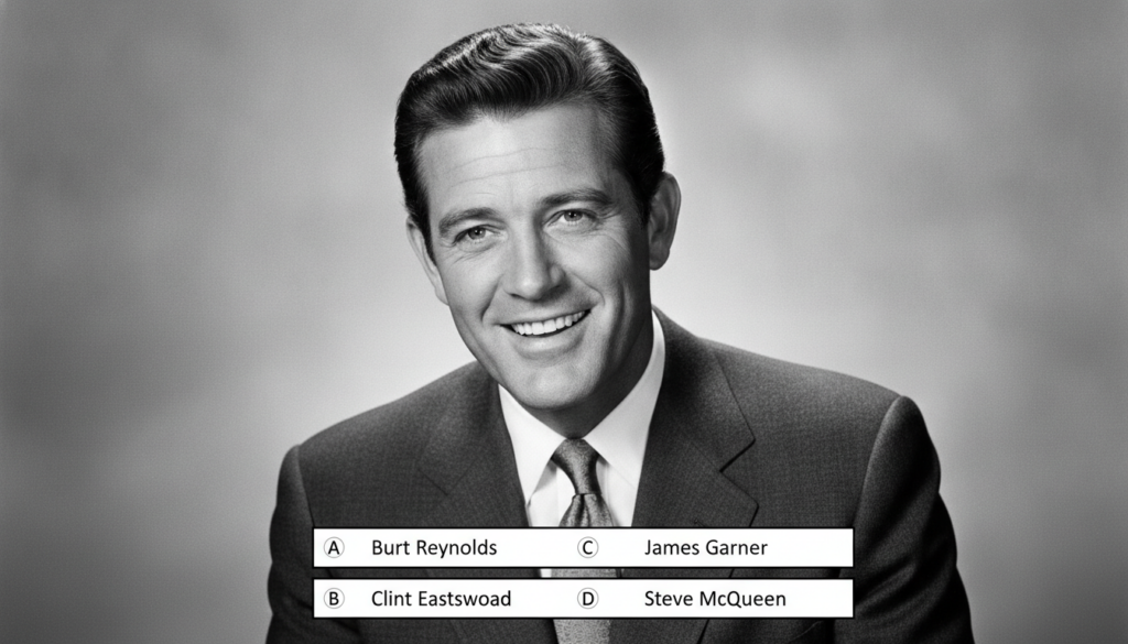 A black and white portrait of a classic Hollywood actor with four multiple-choice options below it