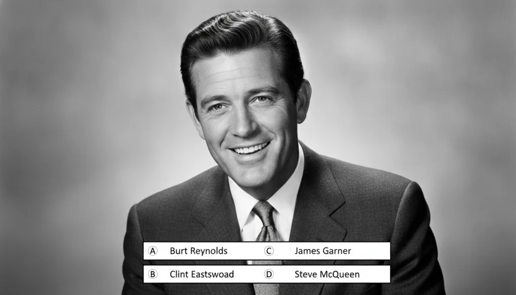 A black and white portrait of a classic Hollywood actor with four multiple-choice options below it