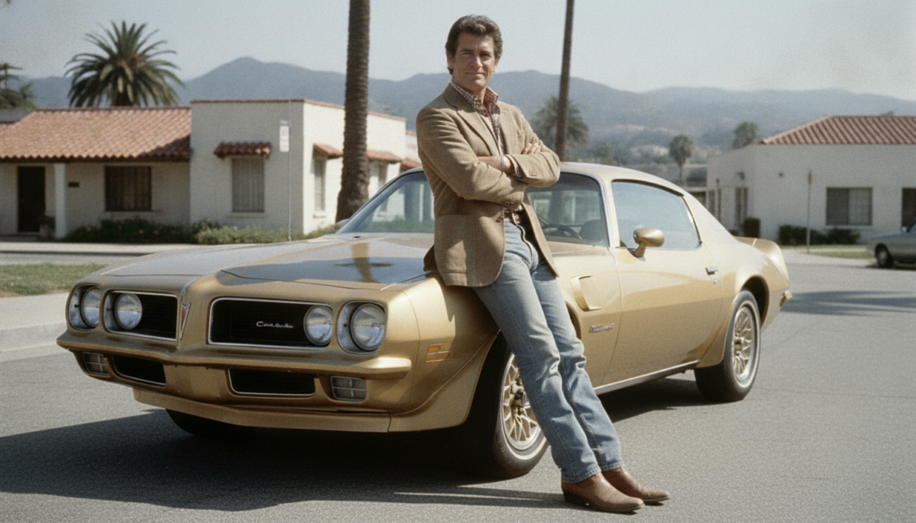 James Garner as Jim Rockford leaning against his Pontiac Firebird Esprit