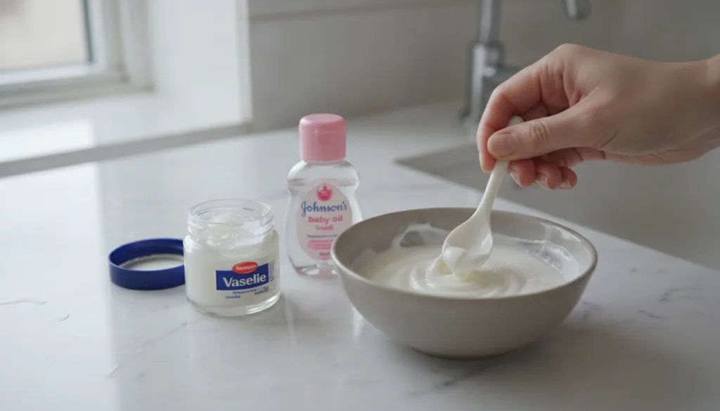 A small jar of Vaseline next to a bottle of baby oil on a clean white surface with a hand gently mixing the two ingredie
