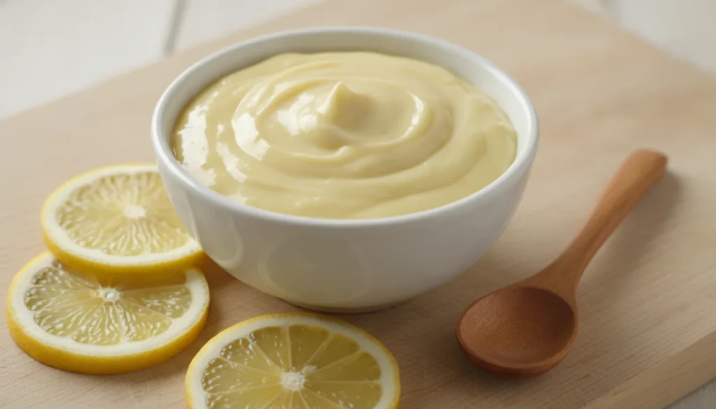 A small bowl containing a yellow paste made from Vaseline lemon and turmeric with fresh lemon slices and a small spoon n