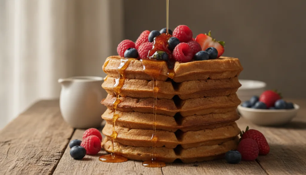 A stack of perfectly cooked golden-brown vegan chocolate waffles garnished with fresh berries a drizzle of maple syrup a
